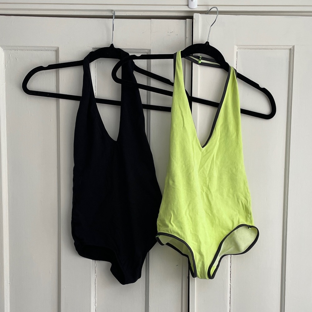 American Apparel Vintage Y2K Black and Neon Green Halter Bodysuit Set Medium